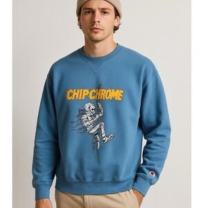 Chip Chrome Graphic Sweatshirt Champion Crewneck Mens M‎ Blue Skeleton Band Tee